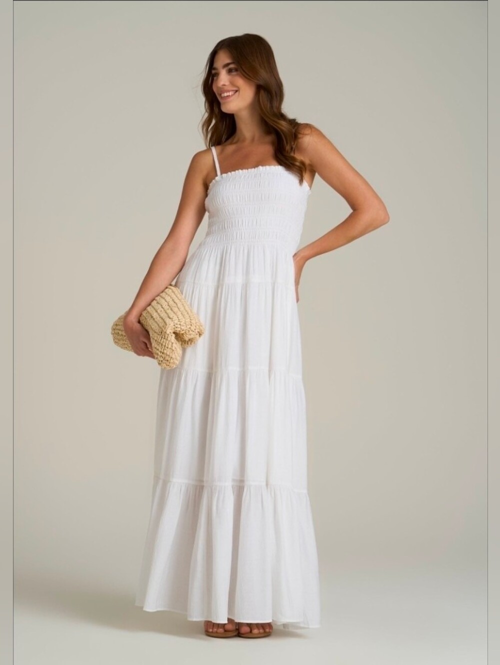 (TALL)White Tiered Maxi Dress with Spaghetti Straps.